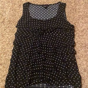 WHBM black tank top with ruffles and white dots
